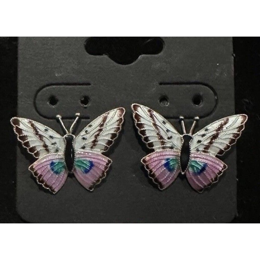 1970's THOUSAND FLOWERS Sterling Silver Enamel BUTTERFLY Multicolored Earrings